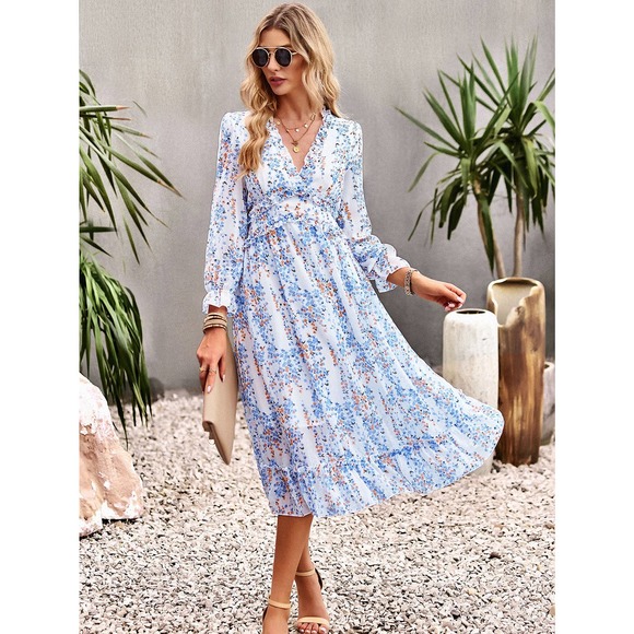 Long sleeve Floral print Frill Trim Flounce Sleeve Ruffle Hem midi Dress blue - Picture 1 of 5